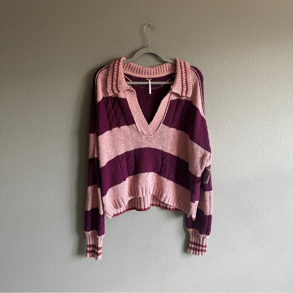 NWT Free People Pembrook Striped Cable Knit Collared Sweater Small - Picture 3 of 13